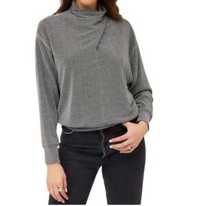 Fifteen Twenty Faux Wrap Top Women M Silver Metallic Mock‎ Neck Long Sleeve New